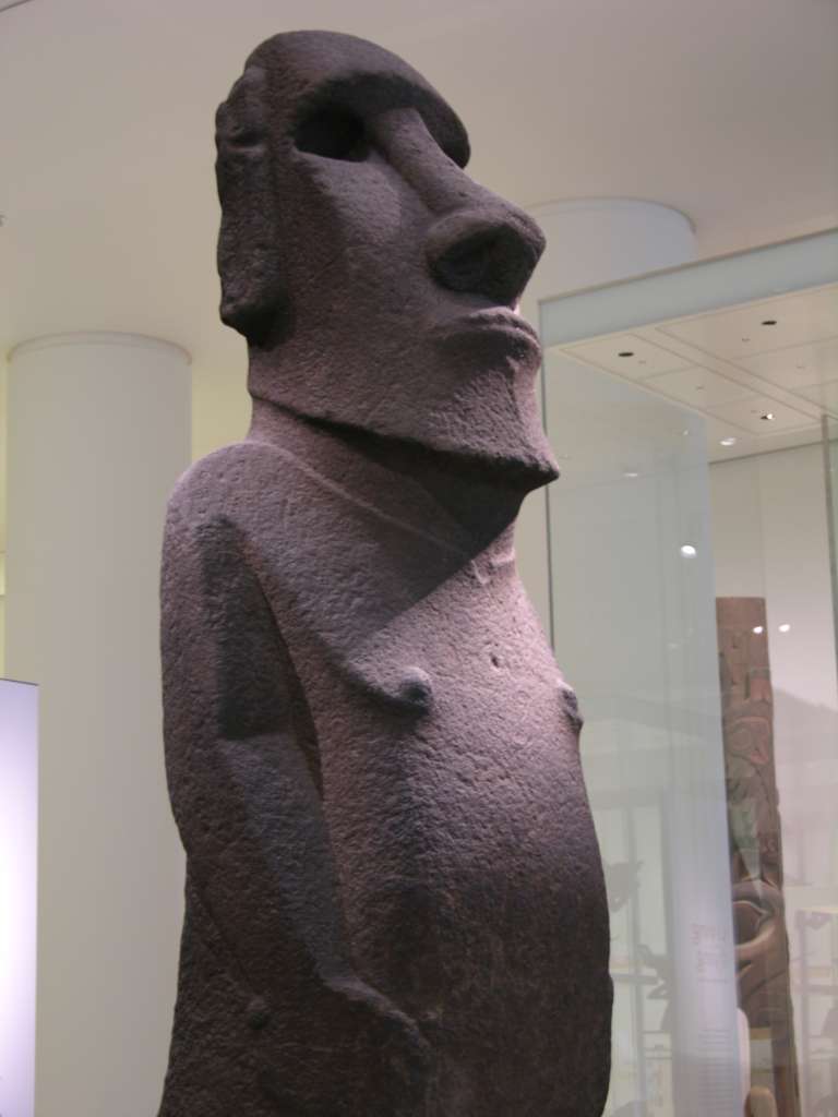 British Museum Top 20 10 Easter Island Hoa Hakananaia 10. Hoa Hakananai'a  Easter Island, 1000AD, 2.42m high. Easter Island is famous for its stone statues of human figures, known as moai. They were probably carved to commemorate important ancestors.  The stone statue has a heavy eyebrow ridge, elongated ears and oval nostrils. The clavicle is emphasized, and the nipples protrude. The arms are thin and lie tightly against the body; the hands are hardly indicated.